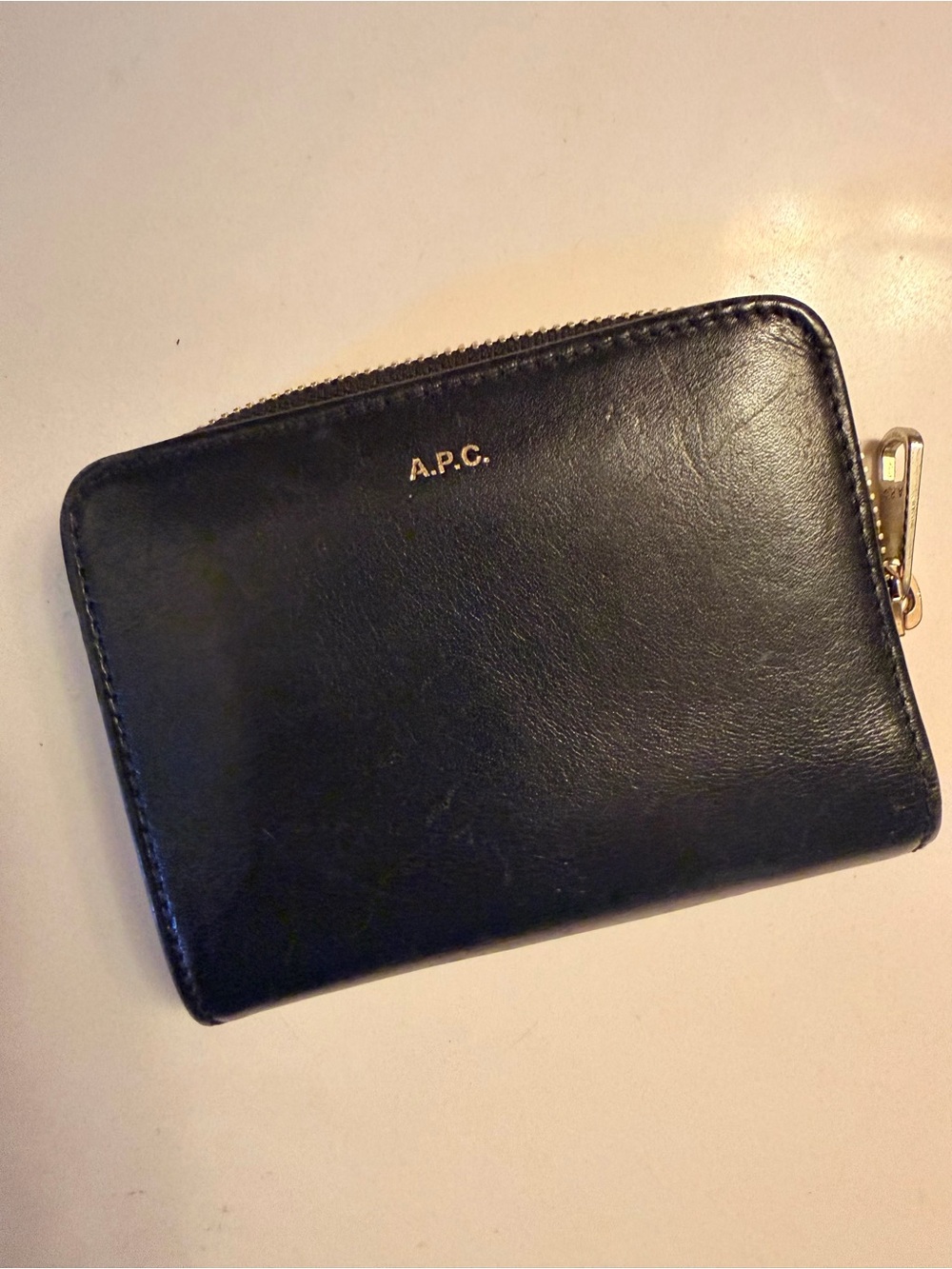 A.P.C. Small Black Leather Zip Card Wallet with Gold Logo